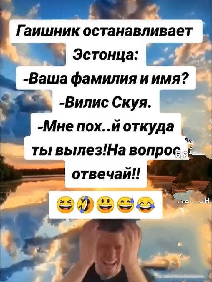 Гаишник останавливает Эстонца:
- Ваша фамилия и имя?
- Вилис Скую.
- Мне пох..й откуда ты вылез! На вопрос отвечай!!