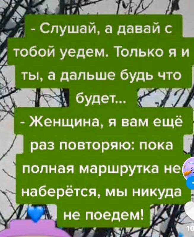 - Слушай, а давай с тобой уедем. Только я и ты, а дальше будь что будет...
- Женщина, я вам ещё раз повторю: пока полная маршруточка не наберётся, мы никуда не поедем!