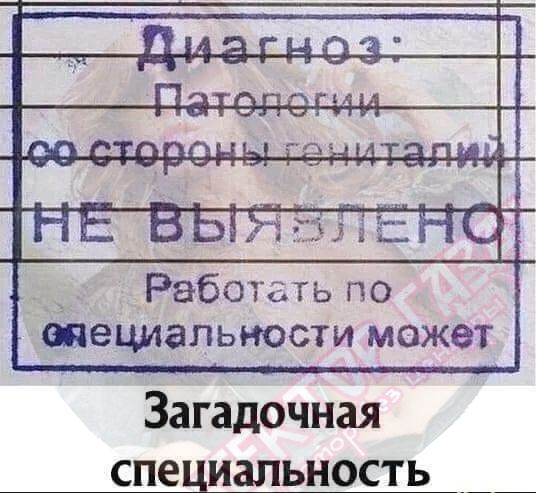 Диагноз: Патологии со стороны гениталий НЕ ВЫЯВЛЕНО Работать по специальности может Загадочная специальность