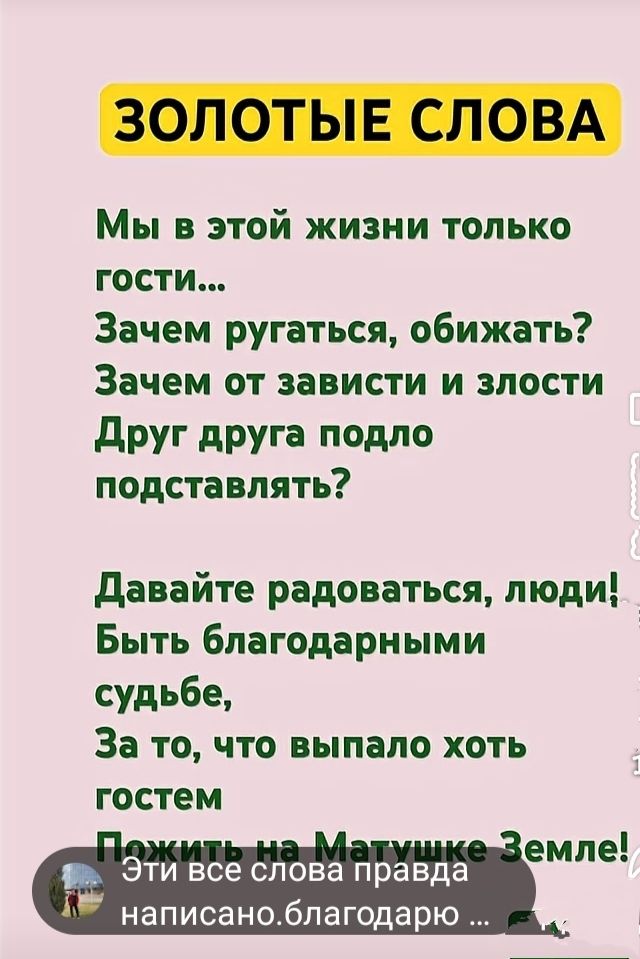 ЗОЛОТЫЕ СЛОВА

Мы в этой жизни только гости…
Зачем ругаться, обижать?
Зачем от зависти и злости
Друг друга подло подставлять?

Давайте радоваться, люди!
Быть благодарными судьбе,
За то, что выпалоХотя бы гостем
Пожить на Матушке Земле!