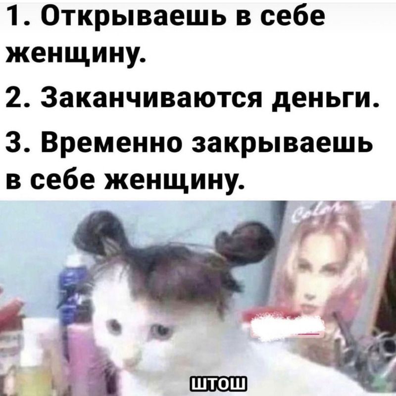 1. Открываешь в себе женщину.
2. Заканчиваются деньги.
3. Временно закрываешь в себе женщину.