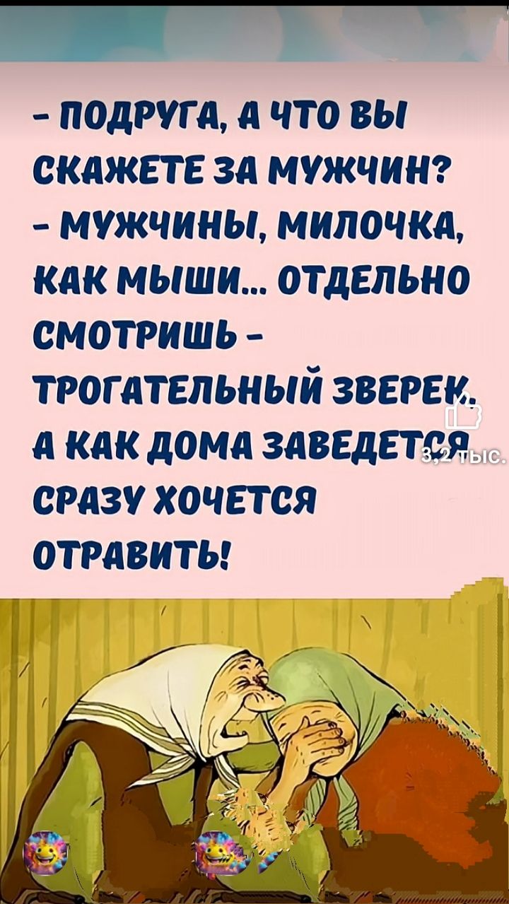 - Подруга, а что вы скажете за мужчин?
- Мужчины, милочка, как мыши... отдельно смотришь - трогательный зверек, а как дома заведется сразу хочется отравить!