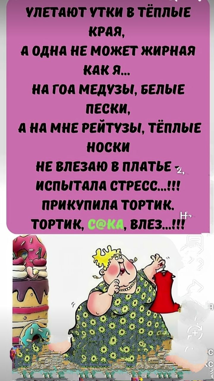 УЛЕТАЮТ УТКИ В ТЁПЛЫЕ КРАЯ, А ОДНА НЕ МОЖЕТ ЖИРНАЯ КАК Я... НА ГОА МЕДУЗЫ, БЕЛЫЕ ПЕСКИ, А НА МНЕ РЕЙТУЗЫ, ТЁПЛЫЕ НОСКИ НЕ ВЛЕЗАЮ В ПЛАТЬЕ 2, ИСПЫТАЛА СТРЕСС...!!! ПРИКУПИЛА ТОРТИК. ТОРТИК, C@КA, ВЛЕЗ...!!!