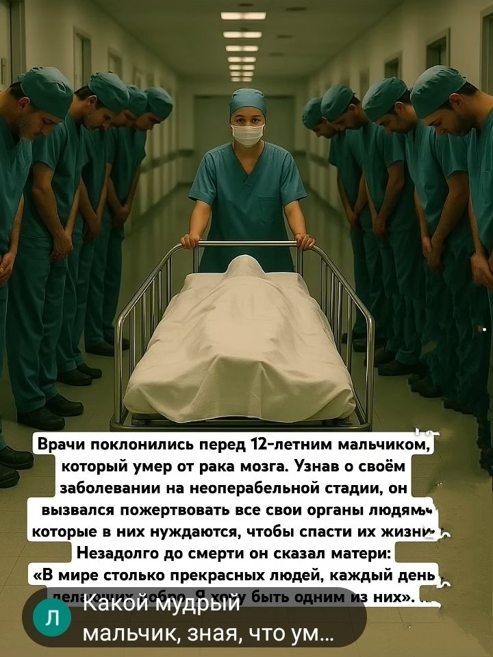Врачи поклонились перед 12-летним мальчиком, который умер от рака мозга. Узнав о своём заболевании на неоперабельной стадии, он вызвался пожертвовать все свои органы людям, которые в них нуждаются, чтобы спасти их жизни. Незадолго до смерти он сказал матери: «В мире столько прекрасных людей, каждый деньPellet для меня быть одним из них...»