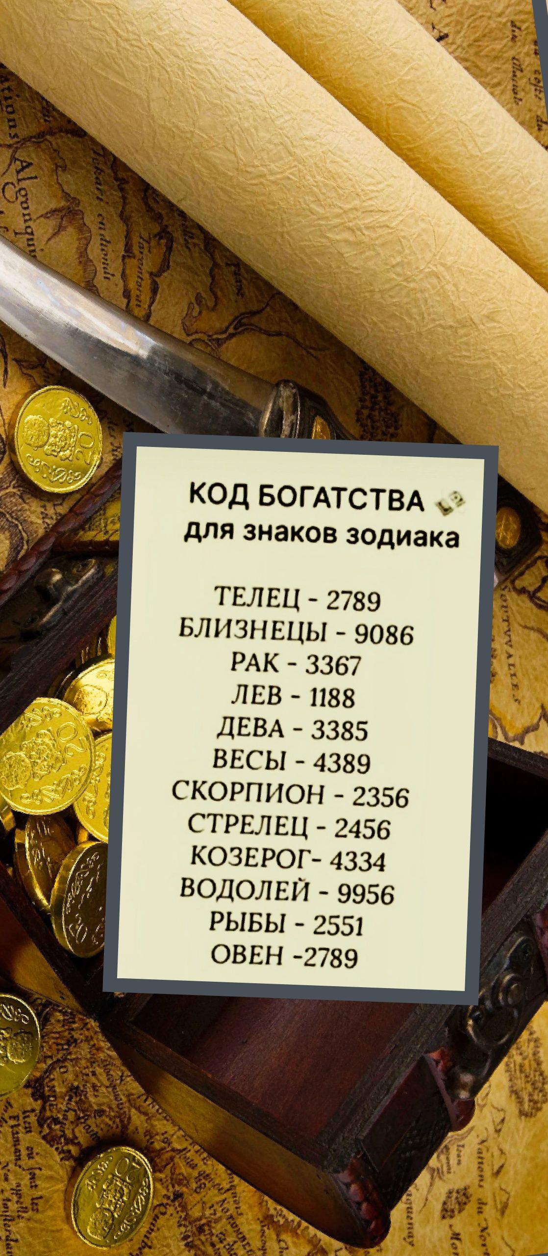 КОД БОГАСТВА для знаков зодиака
ТЕЛЕЦ - 2789
БЛИЗНЕЦЫ - 9086
РАК - 3367
ЛЕВ - 1188
ДЕВА - 3385
ВЕСЫ - 4389
СКОРПИОН - 2356
СТРЕЛЕЦ - 2456
КОЗЕРОГ - 4334
ВОДОЛЕЙ - 9956
РЫБЫ - 2551
ОВЕН - 2789