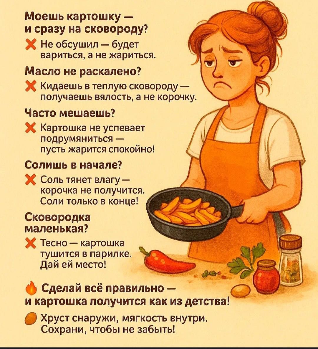 Моешь картошку — и сразу на сковороду? 

✖ Не обсушил — будет вариться, а не жариться.

Масло не раскалено? 

✖ Кидаешь в теплую сковороду — получаешь вялость, а не корочку.

Часто мешаешь? 

✖ Картошка не успевает подрумяниться — пусть жарится скромненько.

Солишь в начале? 

✖ Соль тянет влагу — корочки не получится. Дай ей в конце!

Сковородка маленькая? 

✖ Тесно — картошка тушится в парилке. Дай ей место!

✖ Сделай всё правильно — и картошка получится как из детства! 

Сохрани, чтобы не забыть!