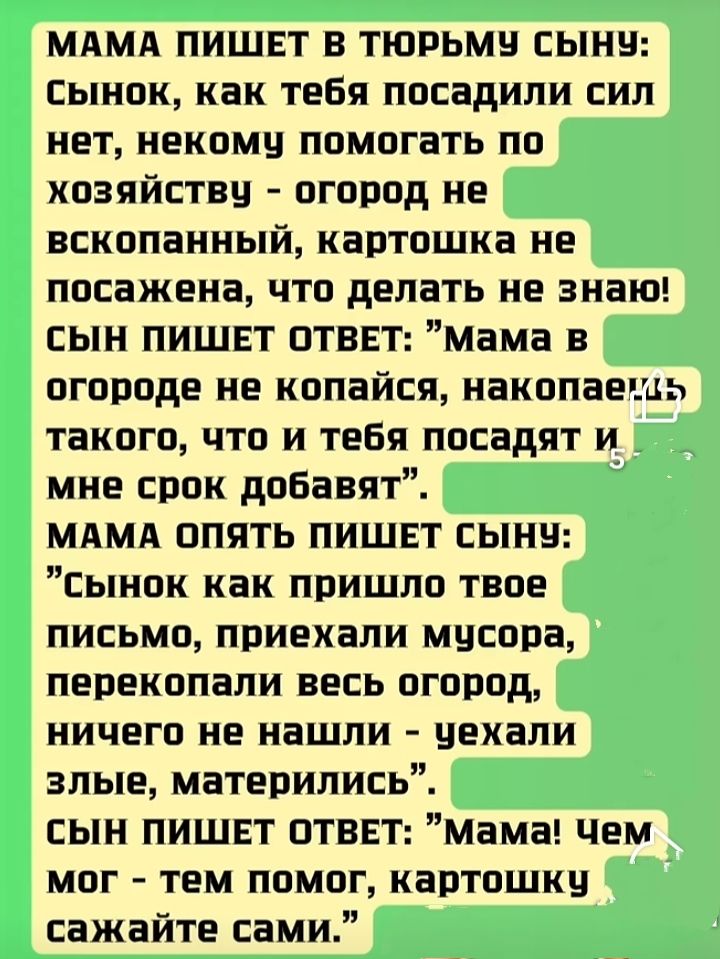 МАМА ПИШЕТ В ТЮРЬМУ СЫНУ: Сынок, как тебя посадили сил нет, некому помогать по хозяйству - огород не вскопанный, картошка не посажена, что делать не знаю! СЫН ПИШЕТ ОТВЕТ: 