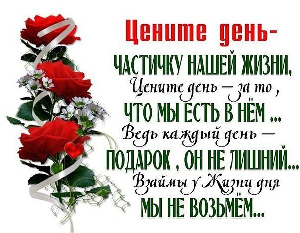 Цените день- Частичку нашей жизни, Цените день – за то, ЧТО мы есть в нём ... Ведь каждый день – Подари-ка, он не лишний... Взаймы у Жизни дня мы не возьмём...
