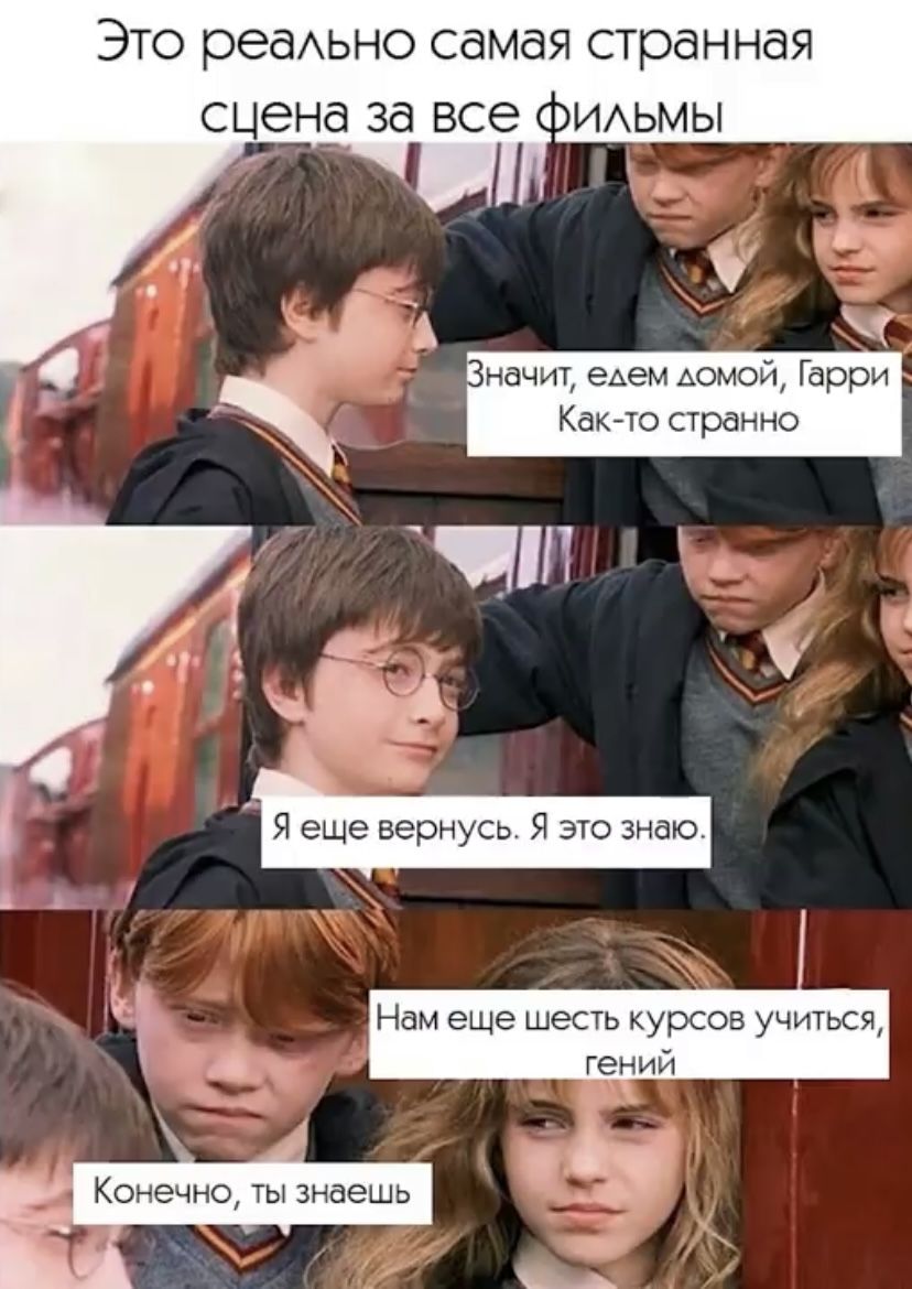 Это реально самая странная сцена за все фильмы
Значит, едем домой, Гарри
Как-то странно
Я еще вернусь. Я это знаю.
Нам еще шесть курсов учиться, гений
Конечно, ты знаешь