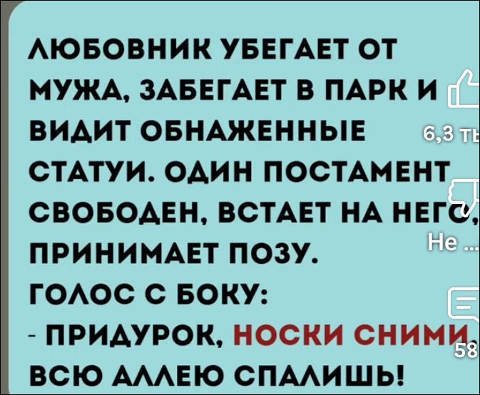 ЛЮБОВНИК УБЕГАЕТ ОТ МУЖА, ЗАБЕГАЕТ В ПАРК И ВИДИТ ОБНАЖЕННЫЕ СТАТУИ. ОДИН ПОСТАМЕНТ СВОБОДЕН, ВСТАЕТ НА НЕГО, ПРИНИМАЕТ ПОЗУ. ГОЛОС С БОКУ: - ПРИДЮРОК, НОСКИ СНИМИ ВСЮ АЛЛЕЮ СПАЛИШЬ!