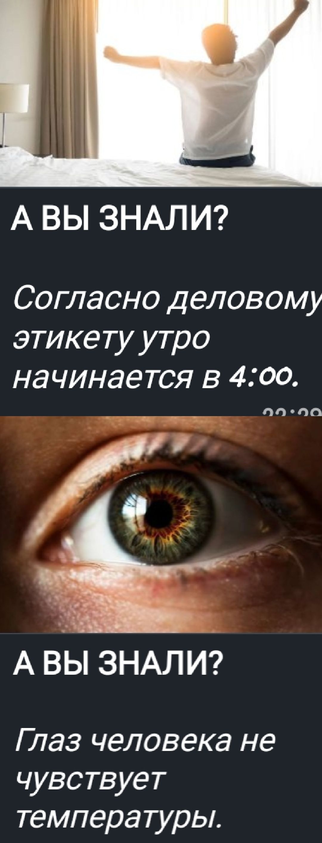 А ВЫ ЗНАЛИ?
Согласно деловому этикету утро начинается в 4:00.

А ВЫ ЗНАЛИ?
Глаз человека не чувствует температуры.
