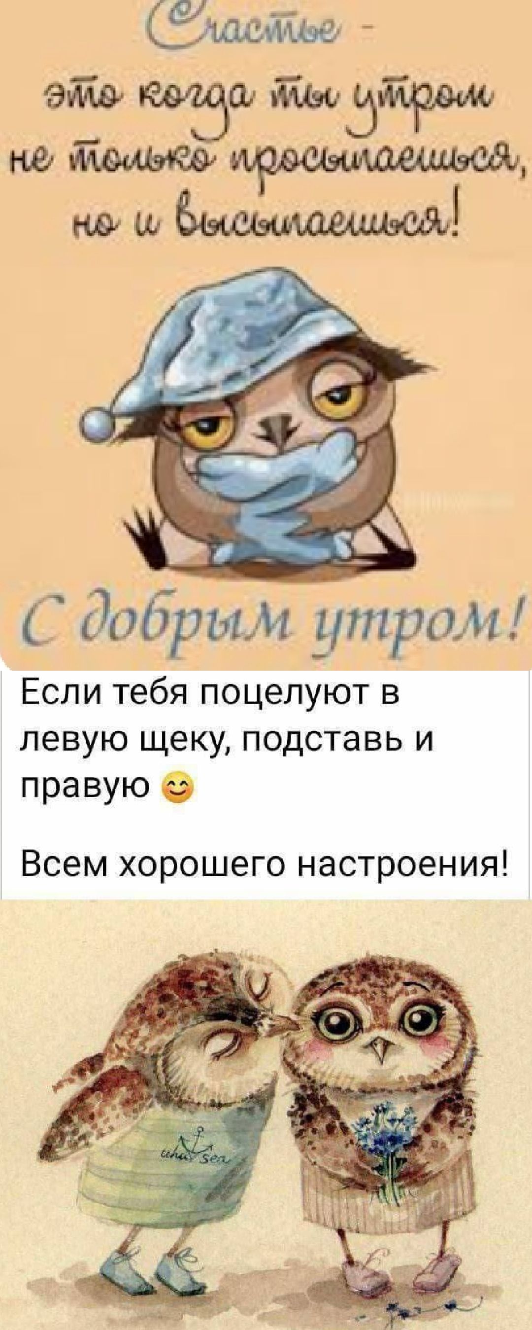 Счастье - это когда ты утром не только просыпаешься, но и высыпаешься! С добрым утром! Если тебя поцелуют в левую щеку, подставь и правую. Всем хорошего настроения!