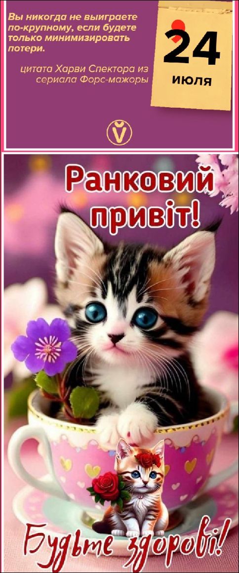 24 июля
Вы никогда не выигрываете по-крупному, если будете только минимизировать потери.
цитата Хаври Спектора из сериала Форс-мажоры
Ранковий привіт!
Будьте здорові!