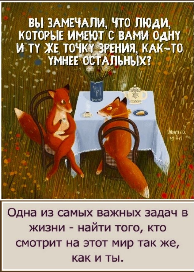 ВЫ ЗАМЕТИЛИ, ЧТО ЛЮДИ, КОТОРЫЕ ИМЕЮТ С ВАМИ ОДНУ И ТУ ЖЕ ТОЧКУ ЗРЕНИЯ, КАК-ТО УМНЕЕ ОСТАЛЬНЫХ?
Одна из самых важных задач в жизни - найти того, кто смотрит на этот мир так же, как и ты.