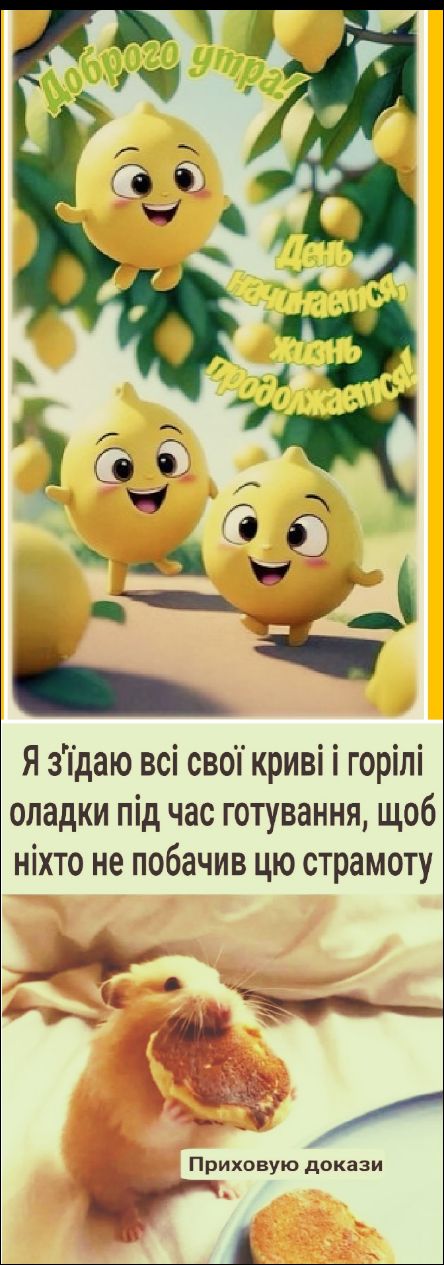 Добро́го у́тра! День на́чинається, жи́ття продо́жуються! Я з'їдаю всі свої криві і горілі оладки під час готування, щоб ніхто не побачив цю стратоту Приховую докази