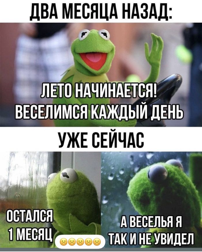 ДВА МЕСЯЦА НАЗАД:
ЛЕТО НАЧИНАЕТСЯ! ВЕСЕЛИМСЯ КАЖДЫЙ ДЕНЬ
УЖЕ СЕЙЧАС
ОСТАЛСЯ 1 МЕСЯЦ
А ВЕСЕЛЬЯ Я ТАК И НЕ УВИДЕЛ