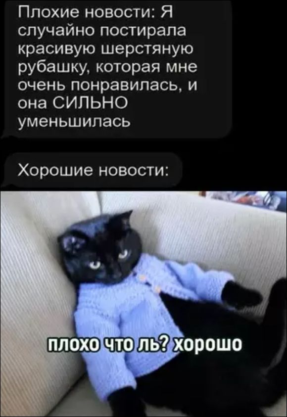 Плохие новости: Я случайно постирала красивую шерстяную рубашку, которая мне очень понравилась, и она СИЛЬНО уменьшилась
Хорошие новости: плохо что ль? хорошо