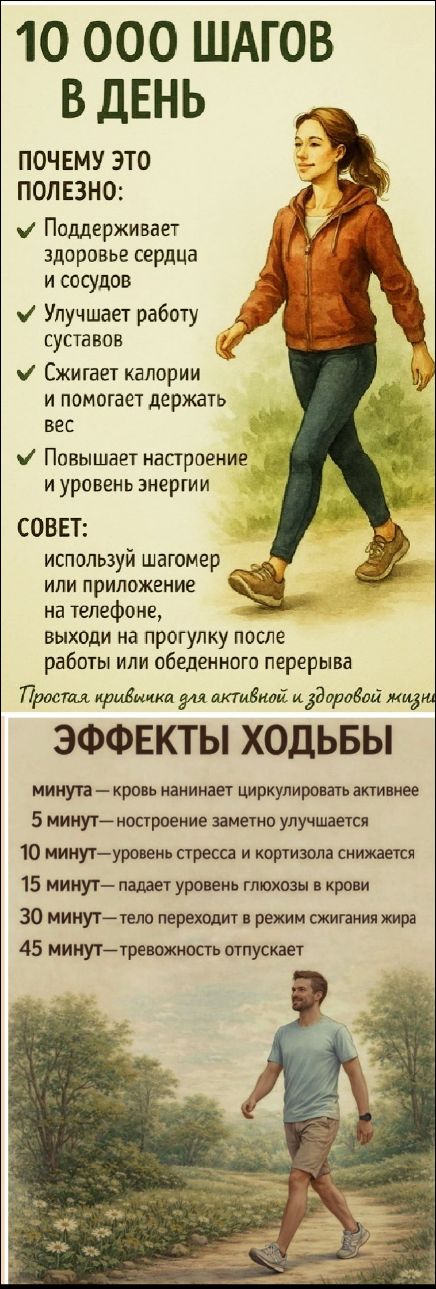 10 000 ШАГОВ В ДЕНЬ. ПОЧЕМУ ЭТО ПОЛЕЗНО: Поддерживает здоровое сердце и сосуды. Улучшает работу суставов. Сжигает калории и помогает держать вес. Повышает настроение и уровень энергии. СОВЕТ: используй шагомер или приложение на телефоне, выходи на прогулку после работы или обеденного перерыва. Простая привычка для активной и здоровой жизни.