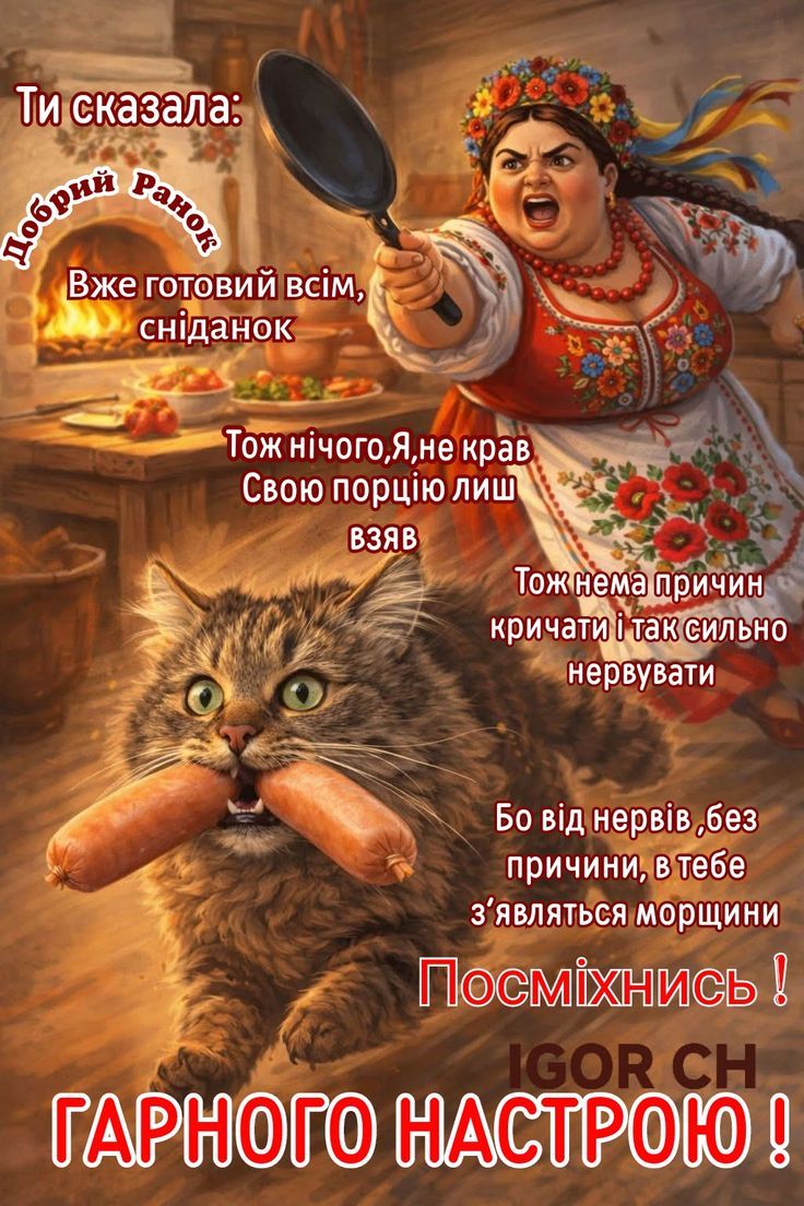 Ти сказала: Добрий ранок Вже готовий всім, сніданок Тож нічого, Я не крав Свою порцію лиш взяв Тож нема причин кричати і так сильно нервувати Бо від нервів, без причини, в тебе з'являться морщини Посміхнись! IGOR CH ГАРНОГО НАСТРОЮ!