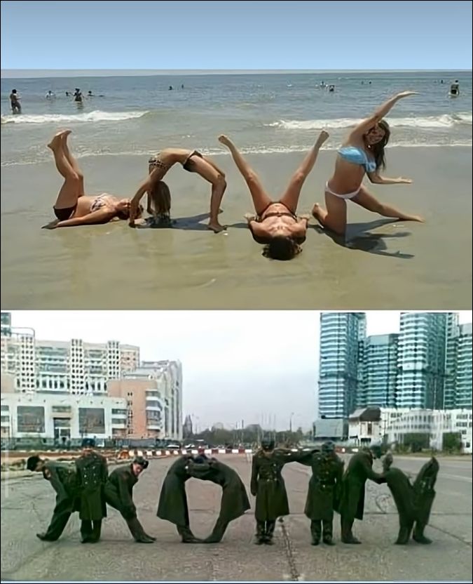Девушки на пляже выстраивают слово «YOGA». Мужчины в военной форме на улице выстраивают слово «РОДИНА».