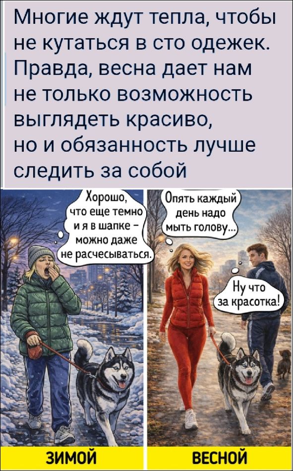 Многие ждут тепла, чтобы не кутаться в сто одежек. Правда, весна дает нам не только возможность выглядеть красиво, но и обязанность лучше следить за собой. Хорошо, что еще темно и я в шапке – можно даже не расчесываться. Опять каждый день надо мыть голову... Ну что за красотка! ЗИМОЙ. ВЕСНОЙ.