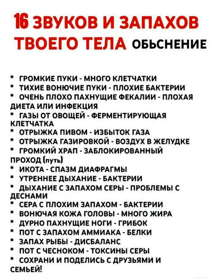 16 звуков и запахов твоего тела объяснение. Громкие пуки - много клетчатки. Тихие вонючие пуки - плохие бактерии. Очень плохо пахнущие фекалии - плохая диета или инфекция. Газы от овощей - ферментирующая клетчатка. Отрыжка пивом - избыток газа. Отрыжка газировкой - воздух в желудке. Громкий храп - заблокированный проход (путь). Икота - спазм