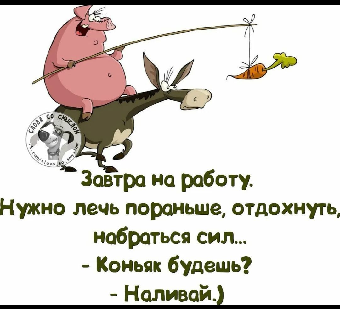 Завтра на работу. Нужно лечь пораньше, отдохнуть, набраться сил... - Коньяк будешь? - Наливай.)