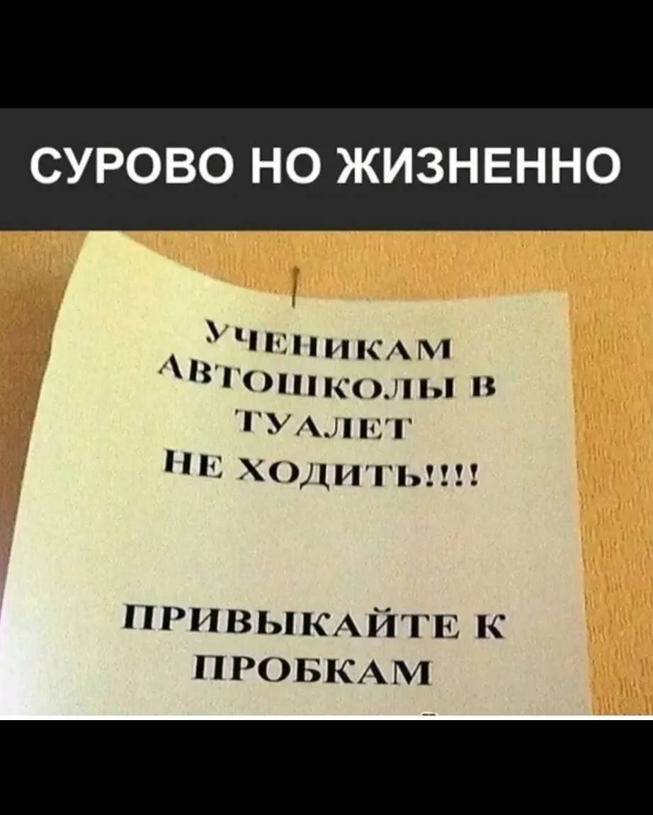 СУРОВО НО ЖИЗНЕННО
УЧЕНИКАМ АВТОШКОЛЫ В ТУАЛЕТ НЕ ХОДИТЬ!!!!
ПРИВЫКАЙТЕ К ПРОБКАМ