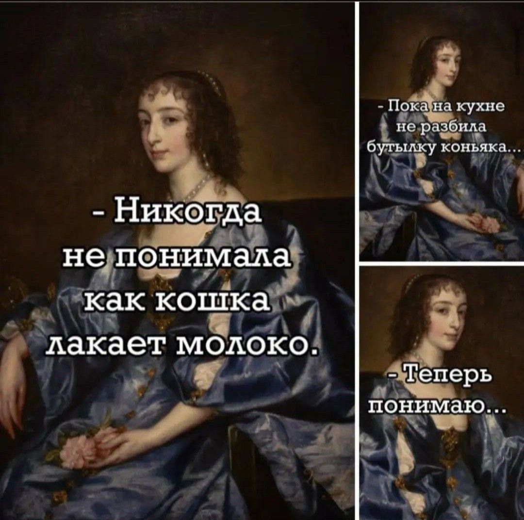 - Никогда не понимала как кошка лакает молоко.
- Пока на кухне не разбила бутыльку коньяка...
- Теперь понимаю...