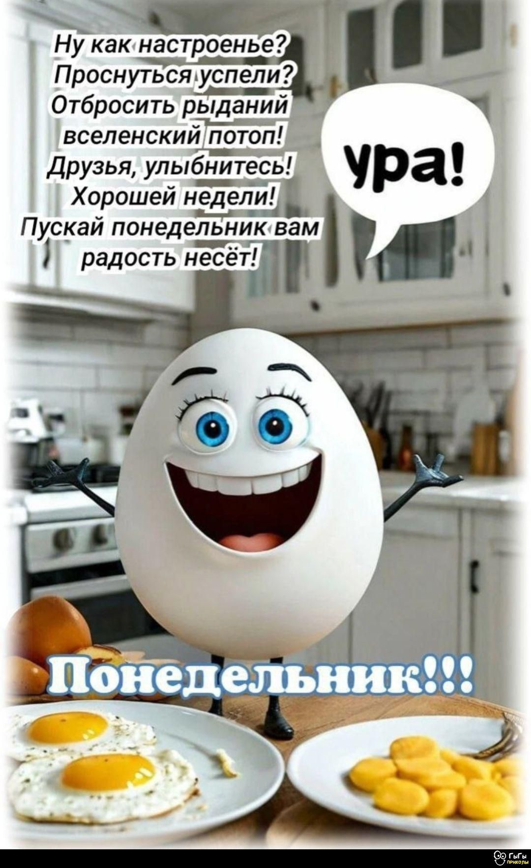 Ну как настроение? Проснулись успели? Отбросить ряданий вселенский потоп! Друзья, улыбнитесь! Хорошей недели! Пускай понедельник вам радость несет! Ура! Понедельник!!!