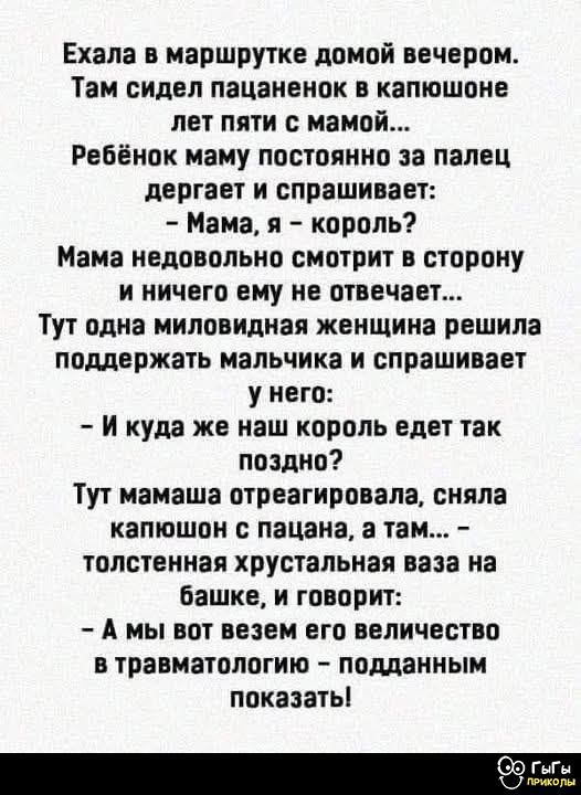 Ехала в маршрутке домой вечером.
Там сидел пацаненок в капюшоне лет пяти с мамой...
Ребёнок маму постоянно за палец дергает и спрашивает:
- Мама, я - король?
Мама недовольно смотрит в сторону и ничего ему не отвечает...
Тут одна миловидная женщина решила поддержать мальчика и спрашивает у него:
- И куда же наш король едет так поздно?
Тут мамаша отреагировала, сняла капюшон с пацана, а там... - толс-тенная хрустальная ваза на башке, и говорит:
- А мы вот везем его величество в травматологию - подханим показать!