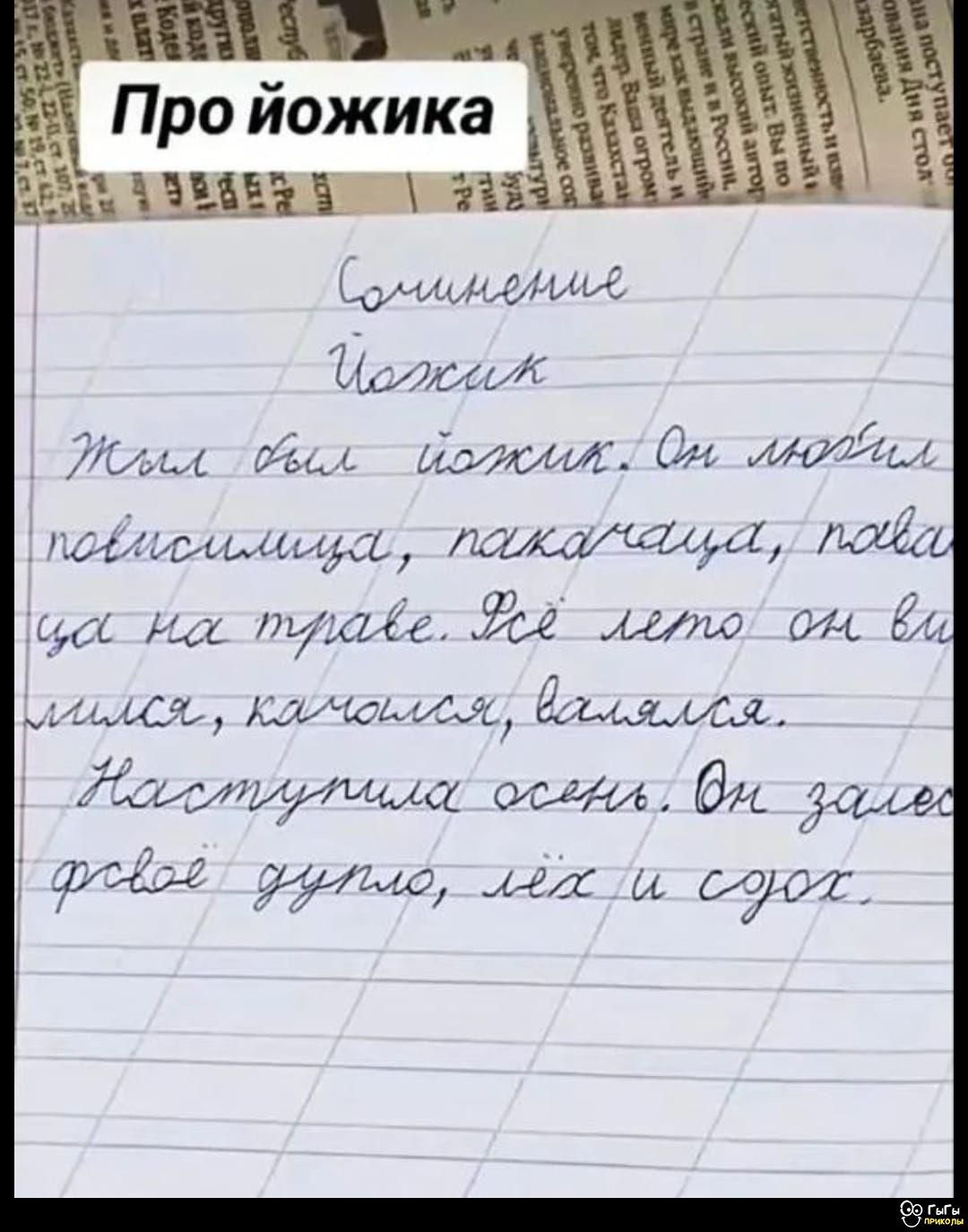 Про ёжика

Сочинение

Ёжик

Жил был ёжик. Он любил повисеть, покачаться, поваляться на траве. Всё лето он весёлый, качающийся, валяющийся. Наступила осень. Он залез в ёжью дудку, лёк и сож.