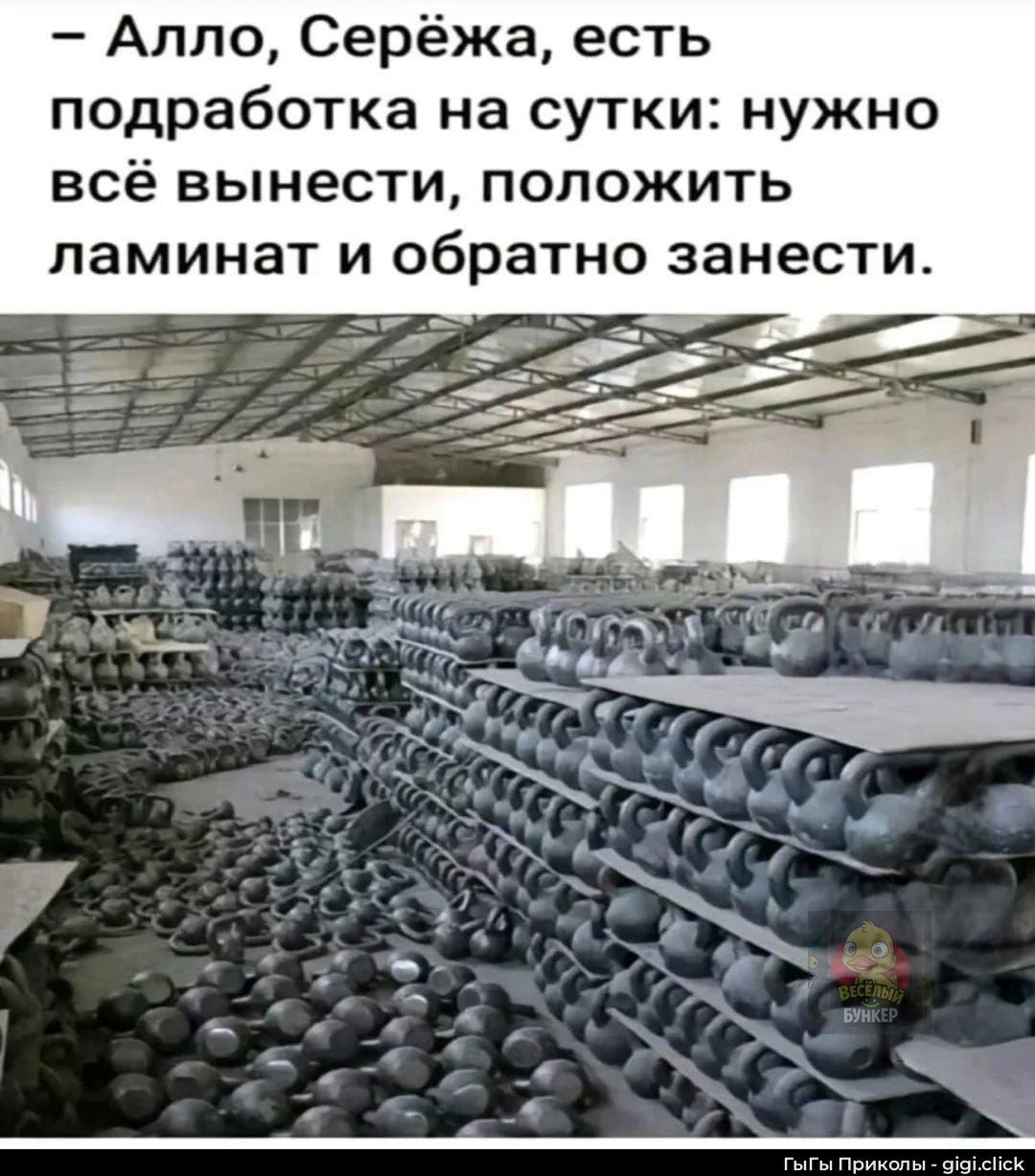 – Алло, Серёжа, есть подработка на сутки: нужно всё вынести, положить ламинат и обратно занести.