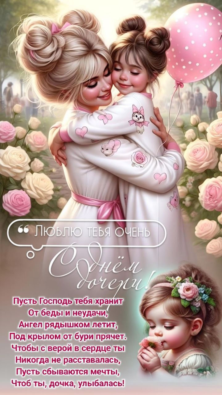 Люблю тебя очень
С днём матери!
Пусть Господь тебя хранит
От бед и неудач,
Ангел рядом летит,
Под крылом от бури прячется.
Чтобы с верой в сердце ты
Никогда не расставалась,
Пусть сбываются мечты,
Чтоб ты, дочка, улыбалась!