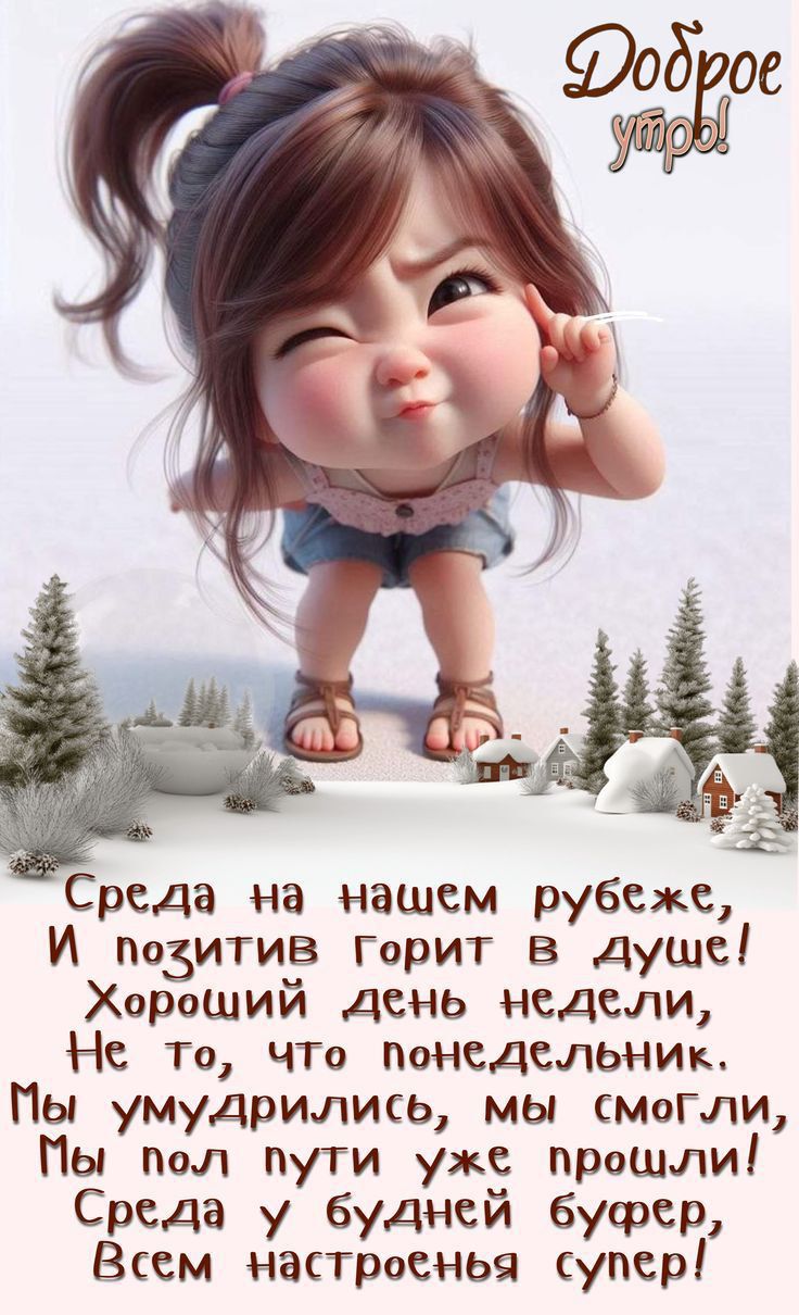Среда на нашем рубеже, И позитив горит в душе! Хороший день недели, Не то, что понедельник. Мы умудрились, мы смогли, Мы пол пути уже прошли! Среда у будней буфер, Всем настроение супер!