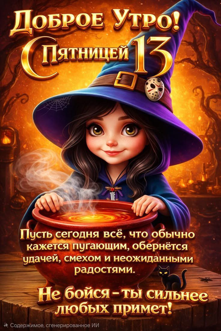 Доброе Утро! Пятницей 13 Пусть сегодня всё, что обычно кажется пугающим, обернётся удачей, смехом и неожиданными радостями. Не бойся — ты сильнее любых примет!