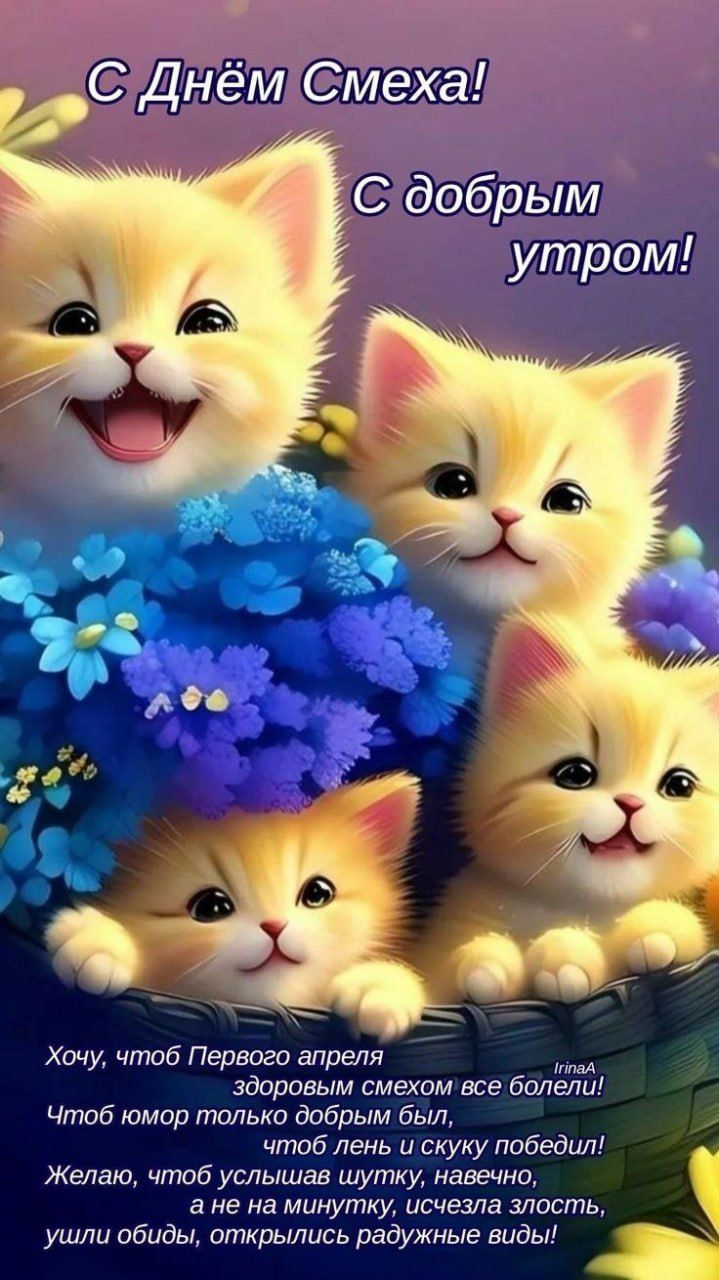 С Днём Смеха! С добрым утром! Хочу, чтоб Первого апреля здоровым смехом все болели! Чтоб юмор только добрым был, чтоб лень и скуку победил! Желаю, чтоб услышав шутку, навечно, а не на минутку, исчезла злость, ушли обиды, открылись радужные виды!