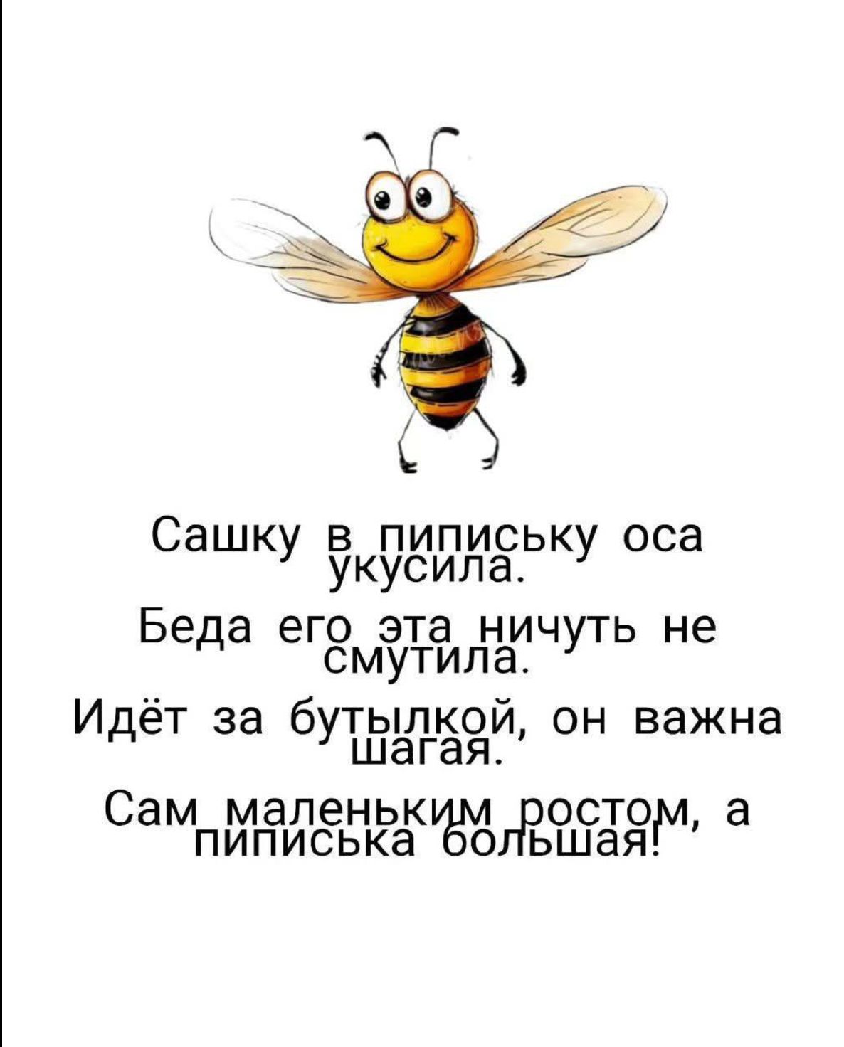 Сашку в письку оса укусила.
Беда его эта ничуть не смутила.
Идёт за бутылкой, он важна шагая.
Сам маленьким ростом, а писька большая!
