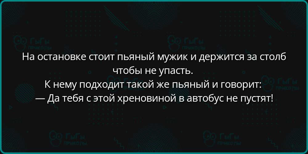 На остановке стоит пьяный мужик и держится за столб чтобы не упасть.
К нему подходит такой же пьяный и говорит:
— Да тебя с этой хреновиной в автобус не пустят!
