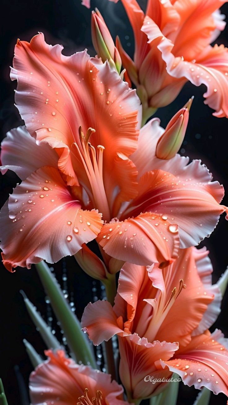 Крупный план коралловых гладиолусов с каплями росы на лепестках