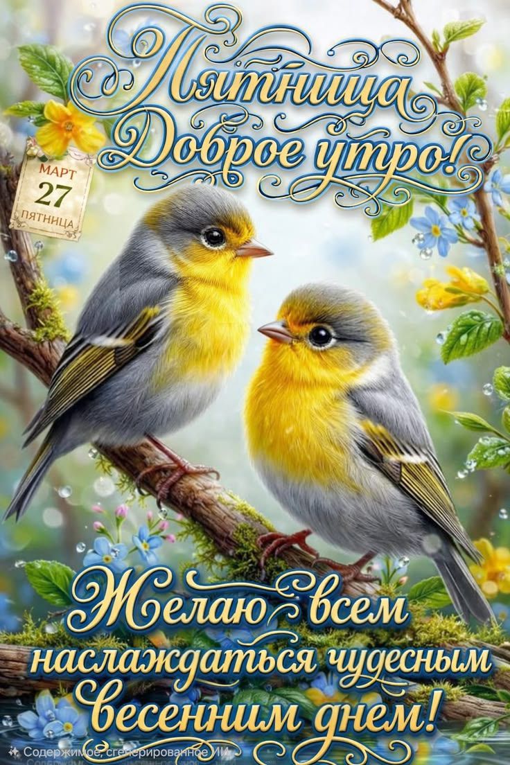 Пятница Доброе утро! МАРТ 27 ПЯТНИЦА Желаю всем наслаждаться чудесным весенним днем! Содержимое сгенерировано ИИ