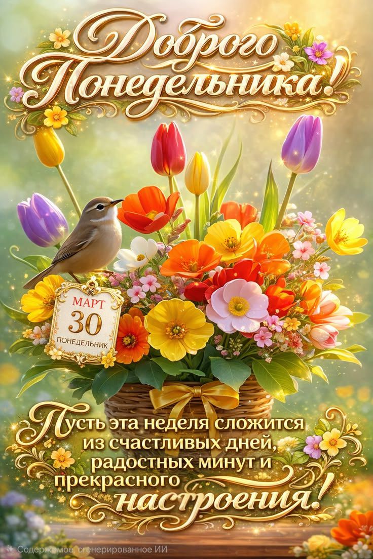 Доброго Понедельника! МАРТ 30 ПОНЕДЕЛЬНИК Пусть эта неделя сложится из счастливых дней, радостных минут и прекрасного настроения!