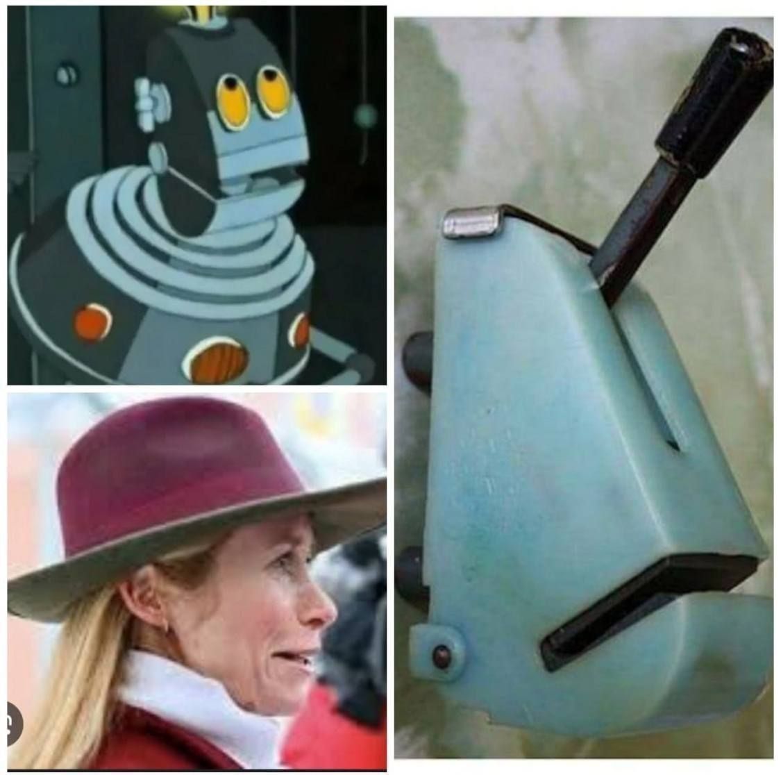 Коллаж: робот, женщина в шляпе и прибор / устройство