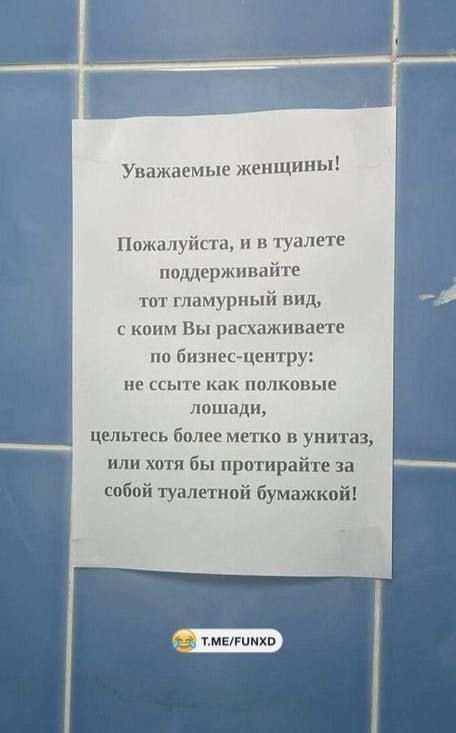 Уважаемые женщины! Пожалуйста, и в туалете поддерживайте тот гламурный вид, с которым Вы расхаживаете по бизнес-центру: не сšйте как полковые лошади, целитесь более метко в унитаз, или хотя бы протирайте за собой туалетной бумажкой!
