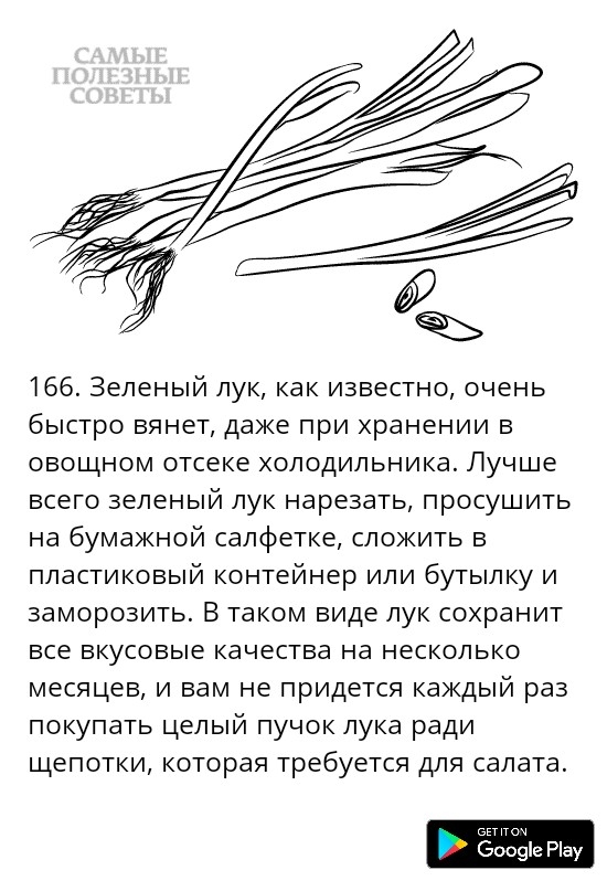 166 Зеленый лук как известно очень быстро вянет даже при хранении в овощном отсеке холодильника Лучше всего зеленый лук нарезать просушить на бумажной салфетке сложить в пластиковый контейнер или бутылку и заморозить В таком виде лук сохранит все вкусовые качества на несколько месяцев и вам не придется каждый раз покупать целый пучок лука ради щепотки которая требуется для салата Оооэіе Рау