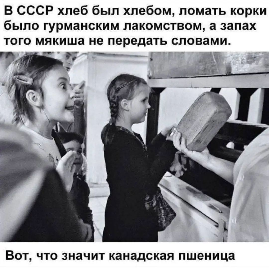 В СССР хлеб был хлебом, ломать корки было гурманским лакомством, а запах того мякиша не передать словами.
Вот, что значит канадская пшеница.