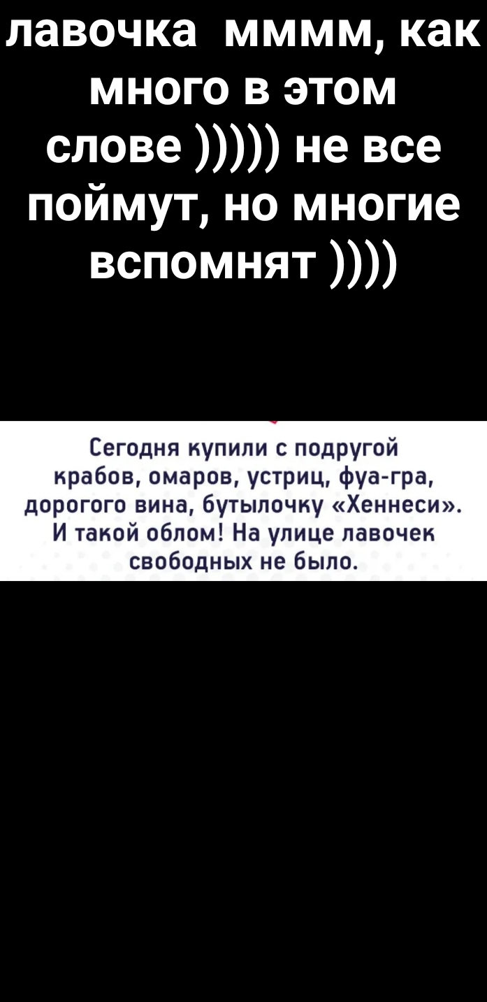лавочка мммм как много в этом слове не все поймут но многие вспомнят Сегодня купили с подругой крабов омаров устриц фуа гра дорогого вина бутылочку Хеннеси И такой облом На улице лавочек свободных не было