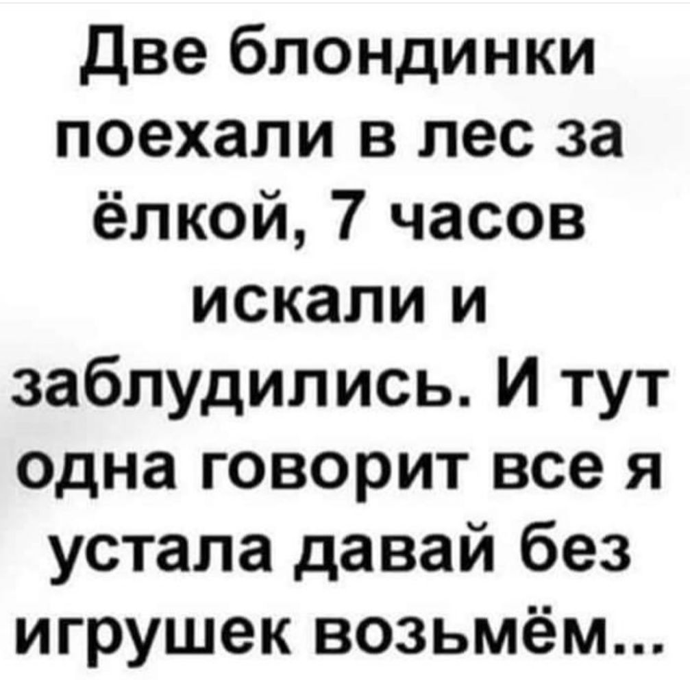 Две блондинки поехали в лес за ёлкой 7 часов искали и заблудились И тут одна говорит все я устала давай без игрушек возьмём