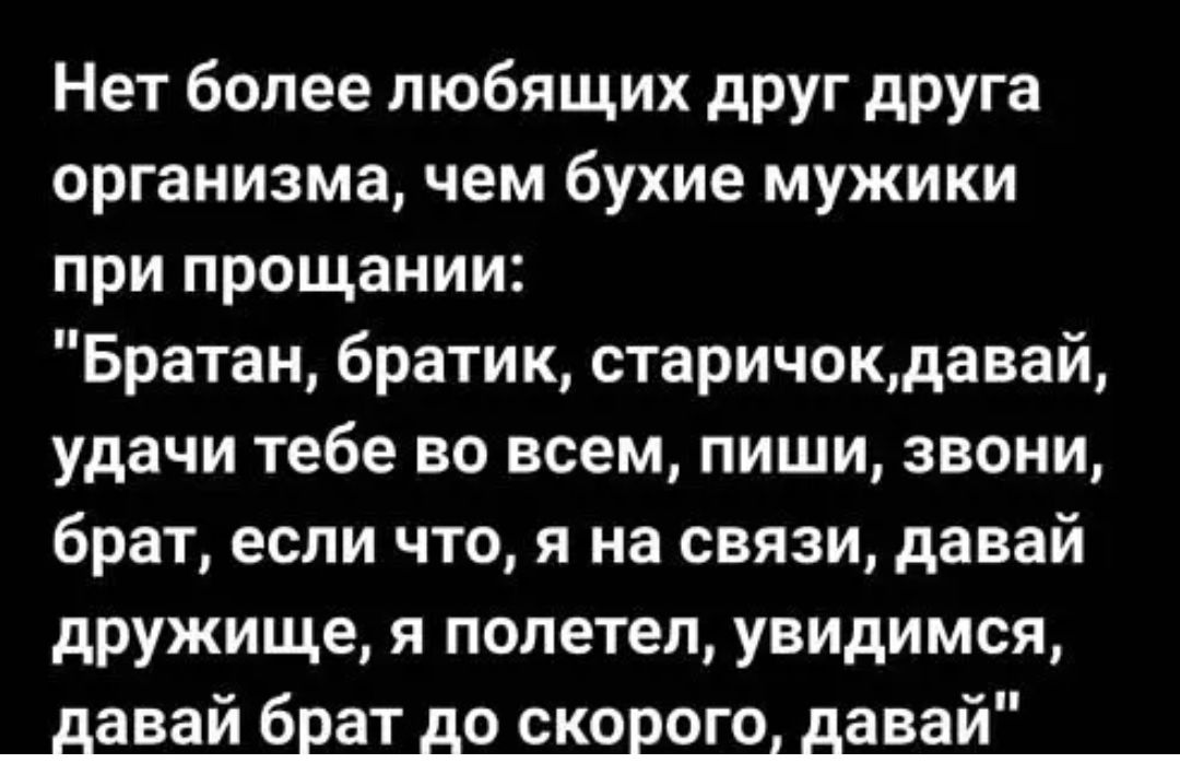 Нет более любящих друг друга организма чем бухие мужики при прощании Братан братик старичокдавай удачи тебе во всем пиши звони брат если что я на связи давай дружище я полетел увидимся давай бват до скорого давай