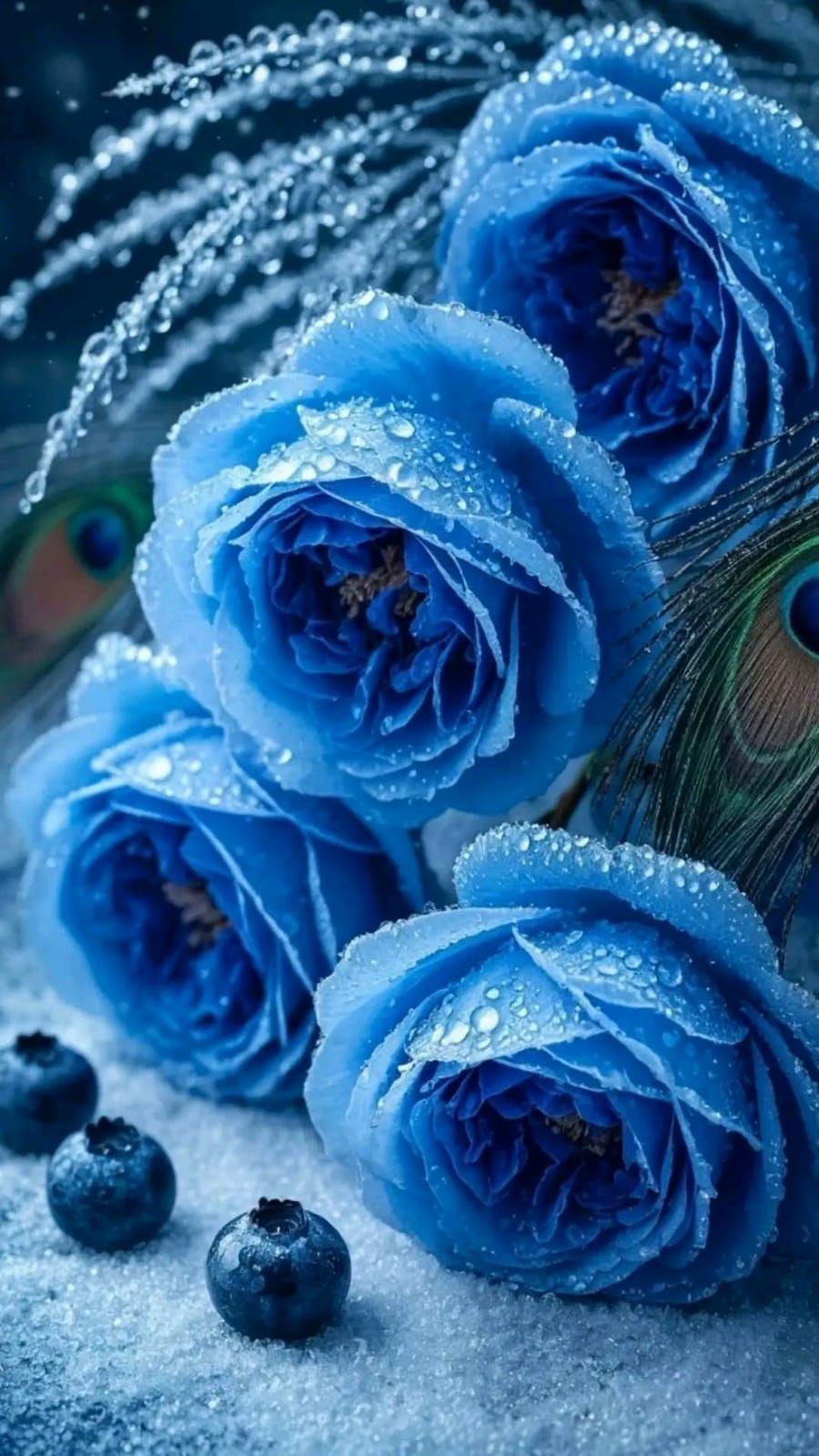 Крупный план голубых роз с росой и пером павлина на снегу